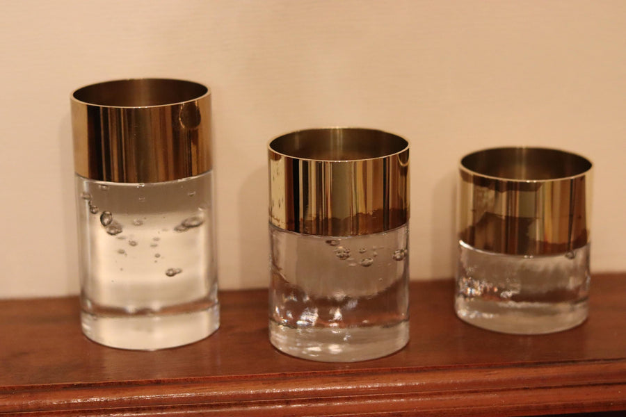 Pair of Mid-Century Nybro Candle holders Glass/Brass Designed by Rune Strand Noah Ancienne