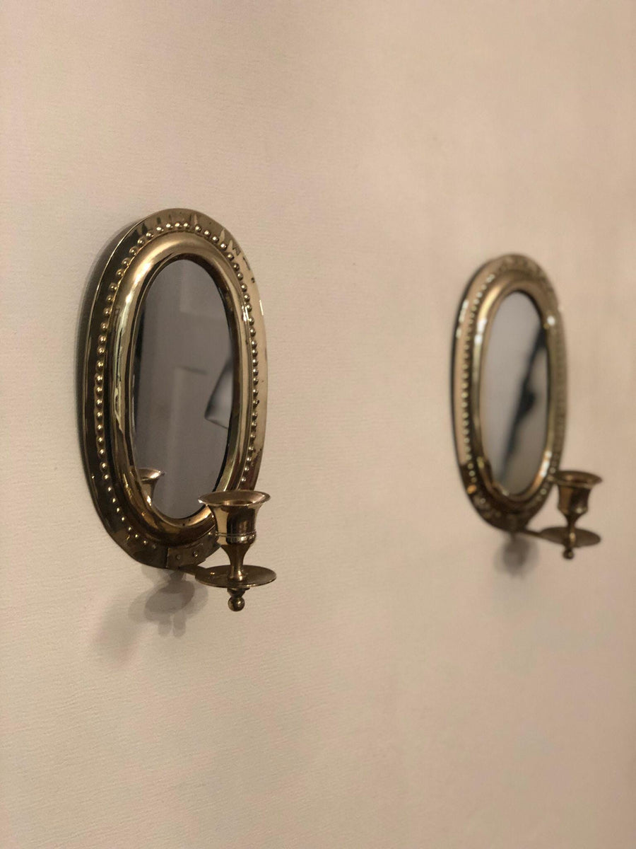 Pair of Mid Century Swedish Brass Sconces with Mirror Noah Ancienne