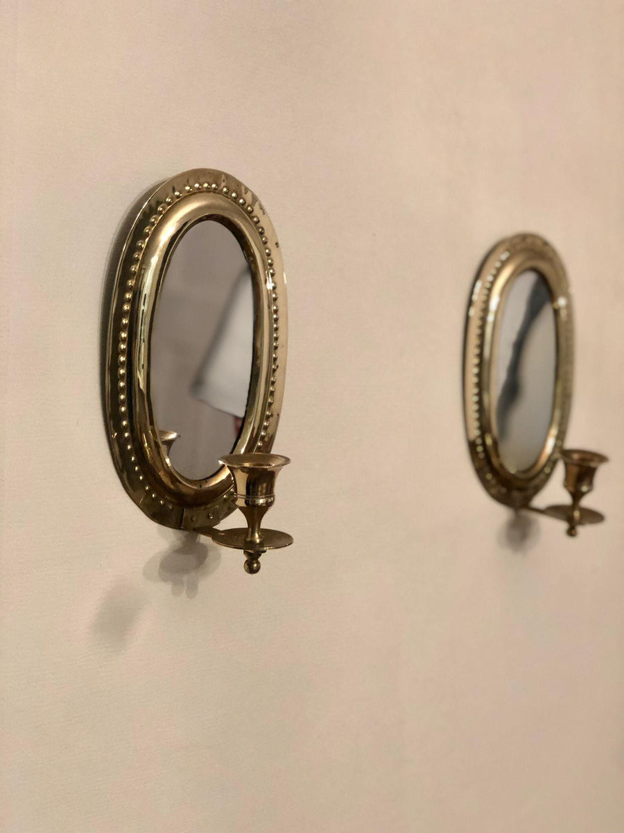 Pair of Mid Century Swedish Brass Sconces with Mirror Noah Ancienne