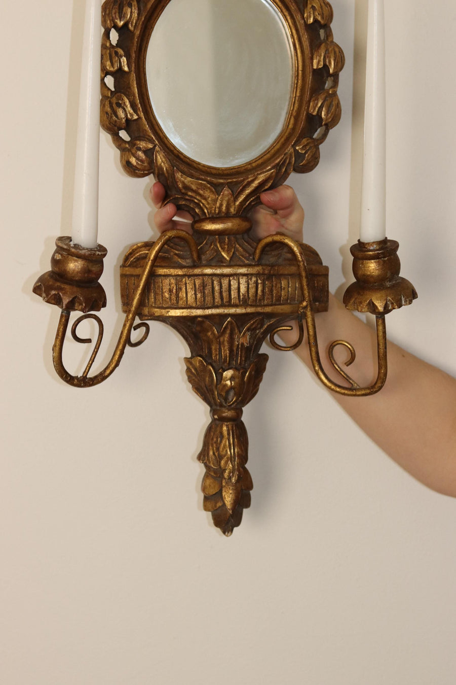 Pair of large giltwood mirror candle sconces by Besselink and Jones. Noah Ancienne