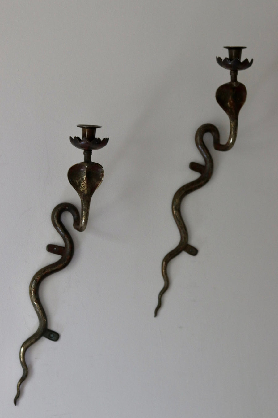 Reserved Pair of Egyptian Revival Style Enameled Brass Cobra Sconces Noah Ancienne