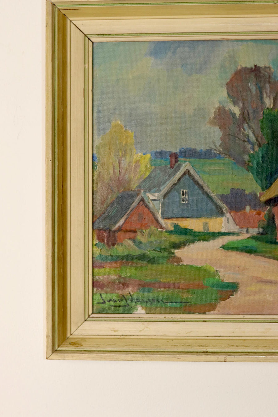 Swedish Early-Century Oil On Panel Painting " Landscape with Houses" " by Ivar Johansson --Vintage & Framed Noah Ancienne