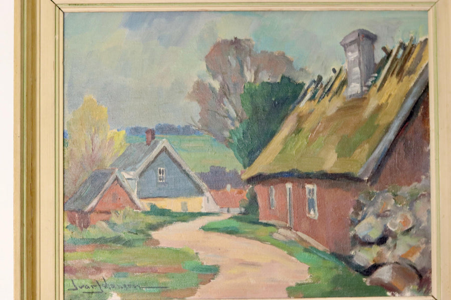 Swedish Early-Century Oil On Panel Painting " Landscape with Houses" " by Ivar Johansson --Vintage & Framed Noah Ancienne