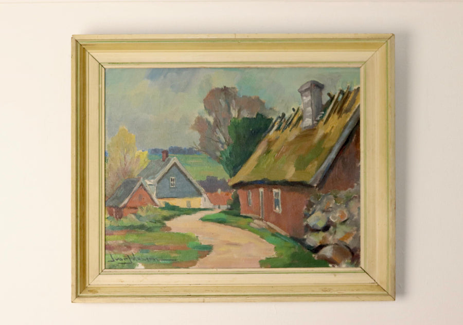 Swedish Early-Century Oil On Panel Painting " Landscape with Houses" " by Ivar Johansson --Vintage & Framed Noah Ancienne