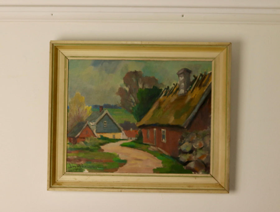 Swedish Early-Century Oil On Panel Painting " Landscape with Houses" " by Ivar Johansson --Vintage & Framed Noah Ancienne