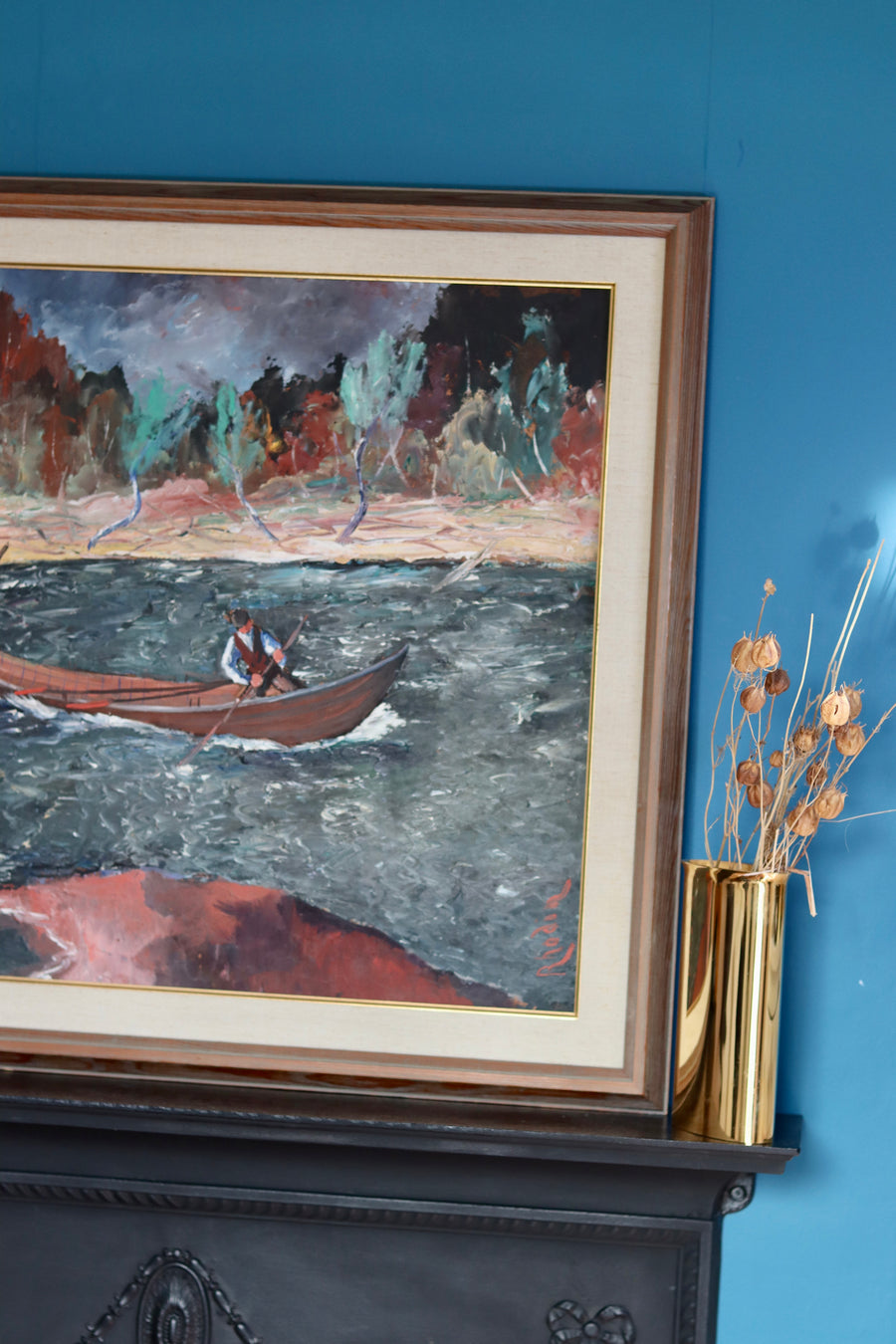 Swedish Mid Century " Men on the Boat" Oil on Canvas Painting by Alessandro Rhodin (1897-1971)- Vintage & Framed Noah Ancienne