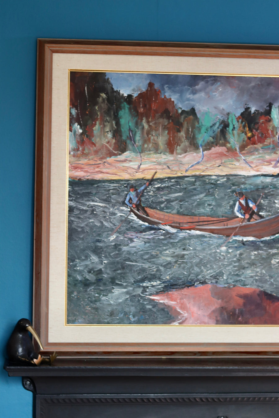 Swedish Mid Century " Men on the Boat" Oil on Canvas Painting by Alessandro Rhodin (1897-1971)- Vintage & Framed Noah Ancienne