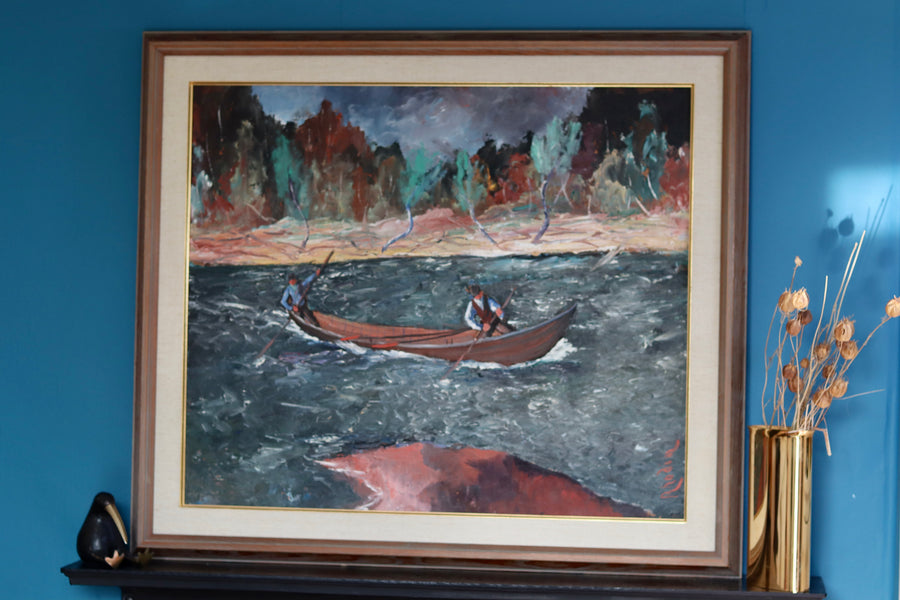 Swedish Mid Century " Men on the Boat" Oil on Canvas Painting by Alessandro Rhodin (1897-1971)- Vintage & Framed Noah Ancienne