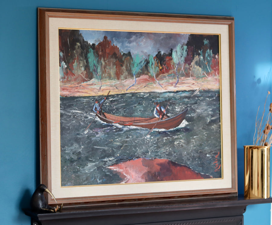 Swedish Mid Century " Men on the Boat" Oil on Canvas Painting by Alessandro Rhodin (1897-1971)- Vintage & Framed Noah Ancienne