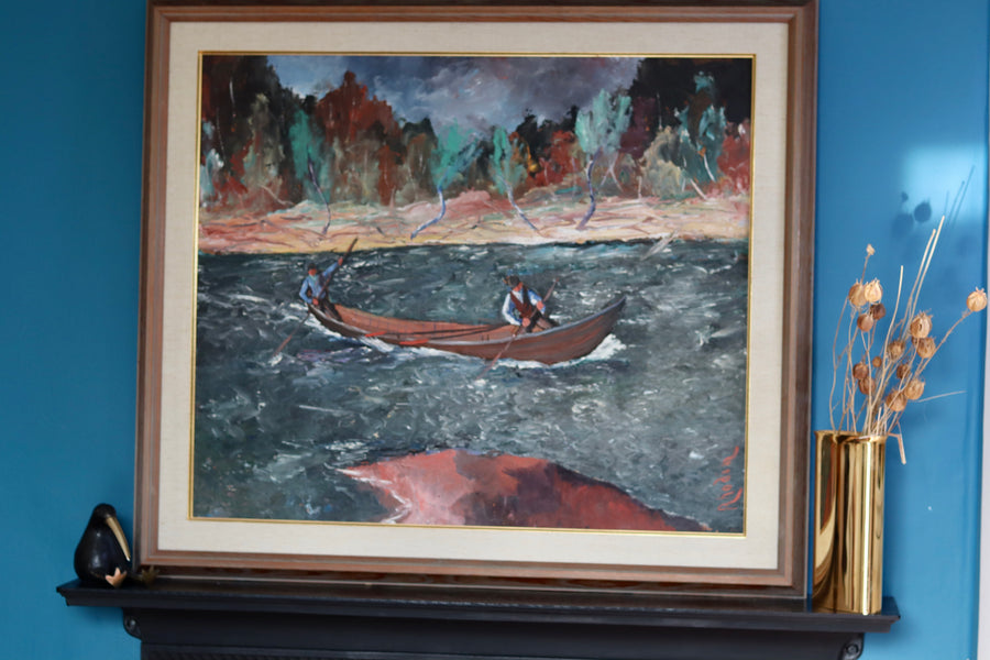 Swedish Mid Century " Men on the Boat" Oil on Canvas Painting by Alessandro Rhodin (1897-1971)- Vintage & Framed Noah Ancienne