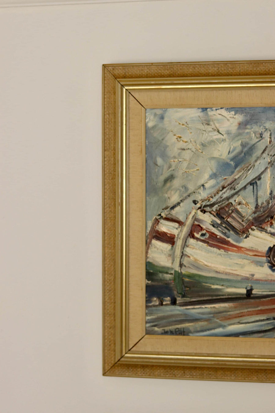 Swedish Mid-Century Oil On Canvas Painting" Harbour" By Alf Johanson (1905–1991)-Vintage & Framed Noah Ancienne