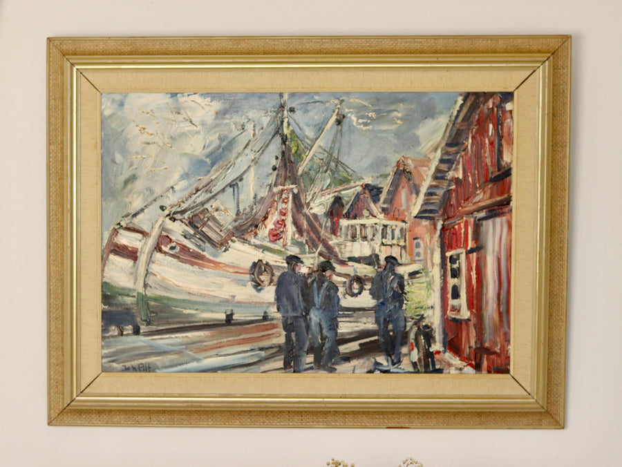 Swedish Mid-Century Oil On Canvas Painting" Harbour" By Alf Johanson (1905–1991)-Vintage & Framed Noah Ancienne