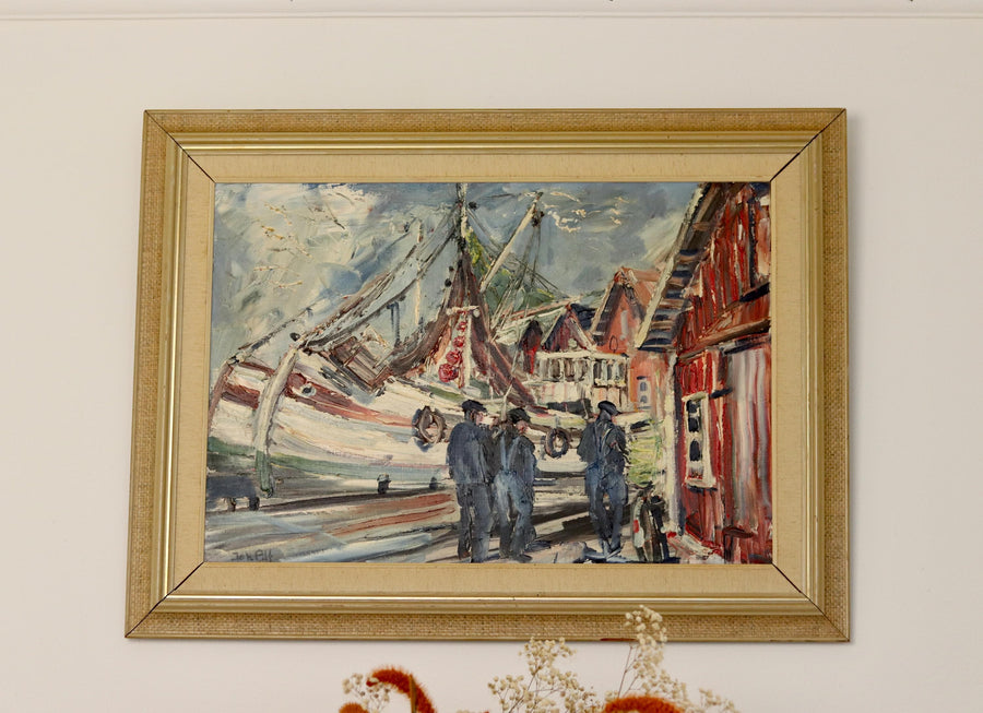 Swedish Mid-Century Oil On Canvas Painting" Harbour" By Alf Johanson (1905–1991)-Vintage & Framed Noah Ancienne