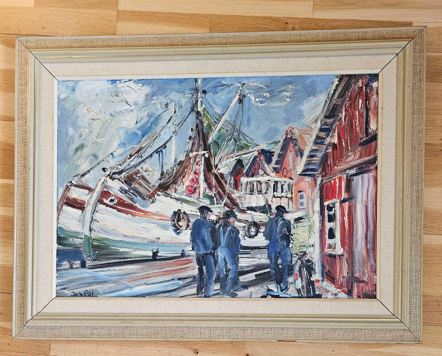 Swedish Mid-Century Oil On Canvas Painting" Harbour" By Alf Johanson (1905–1991)-Vintage & Framed Noah Ancienne