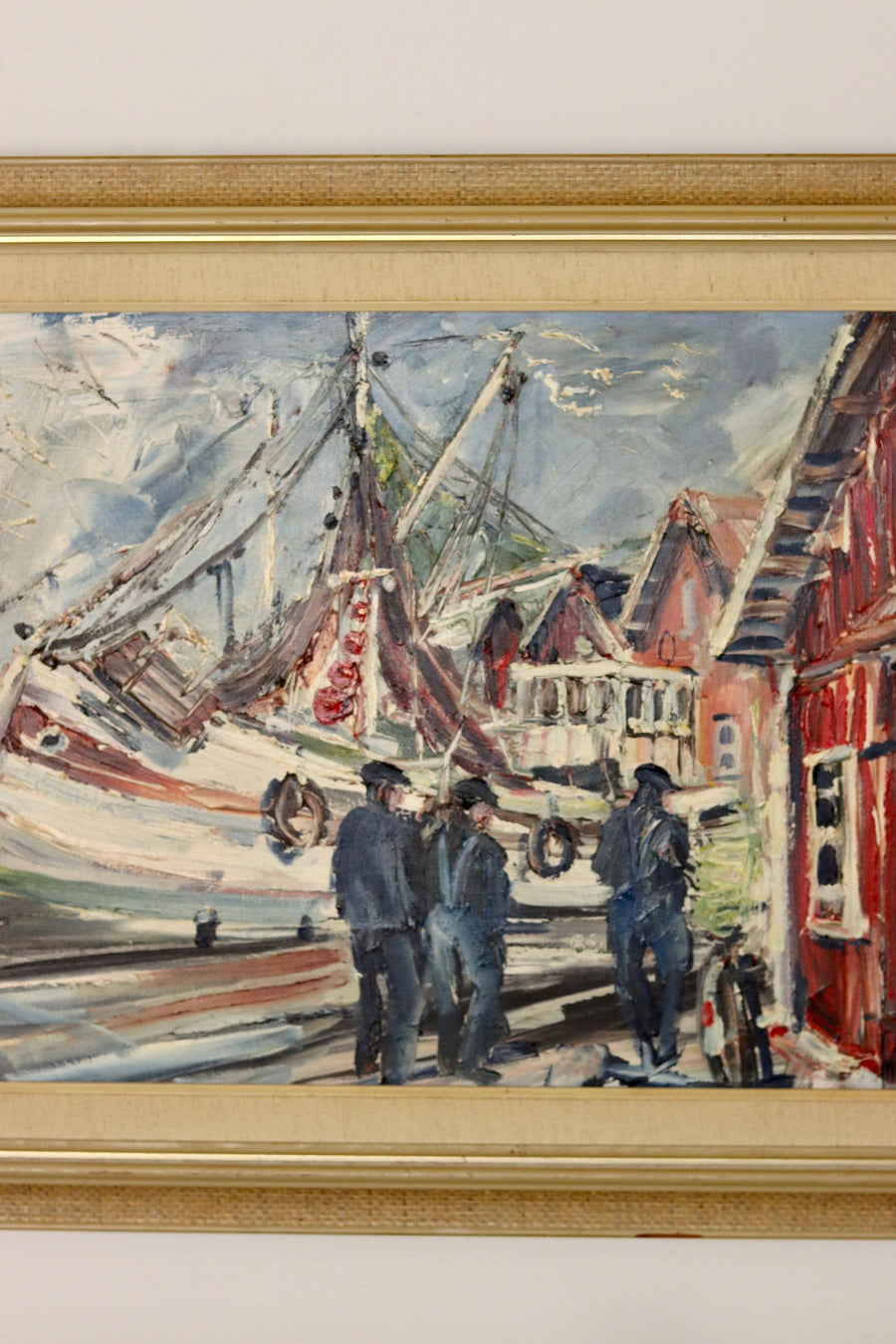 Swedish Mid-Century Oil On Canvas Painting" Harbour" By Alf Johanson (1905–1991)-Vintage & Framed Noah Ancienne