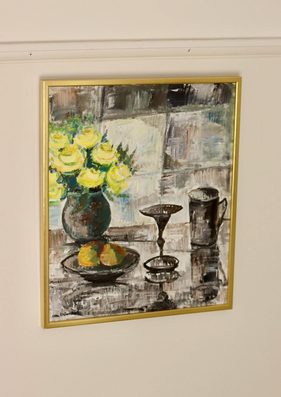 Swedish Mid-Century Oil On Canvas Painting" Still Life with Yellow Roses and Fruit " by Olle Rhönnstrand--Vintage & Framed Noah Ancienne