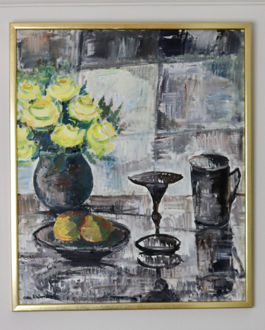 Swedish Mid-Century Oil On Canvas Painting" Still Life with Yellow Roses and Fruit " by Olle Rhönnstrand--Vintage & Framed Noah Ancienne