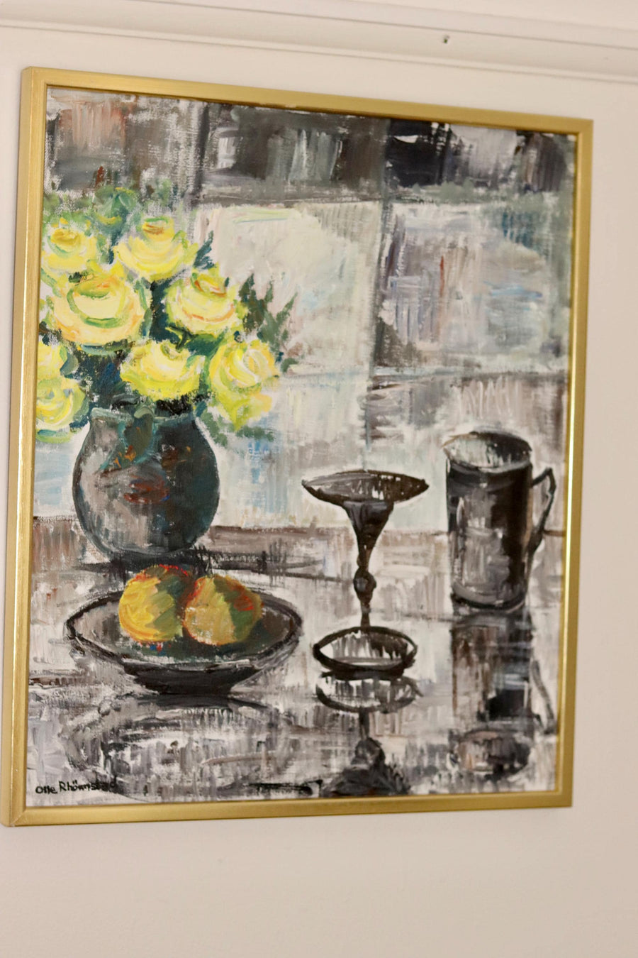 Swedish Mid-Century Oil On Canvas Painting" Still Life with Yellow Roses and Fruit " by Olle Rhönnstrand--Vintage & Framed Noah Ancienne