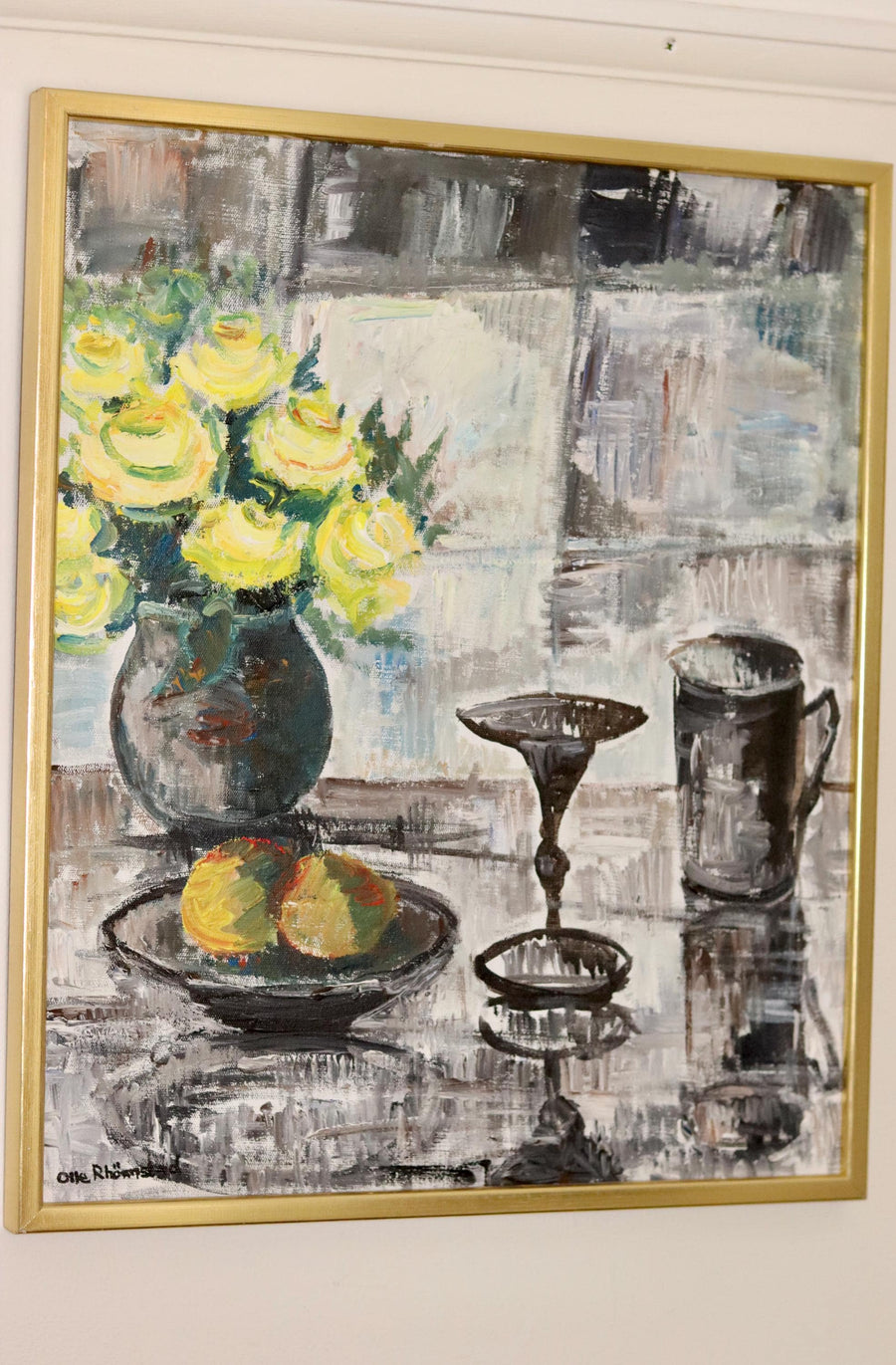 Swedish Mid-Century Oil On Canvas Painting" Still Life with Yellow Roses and Fruit " by Olle Rhönnstrand--Vintage & Framed Noah Ancienne