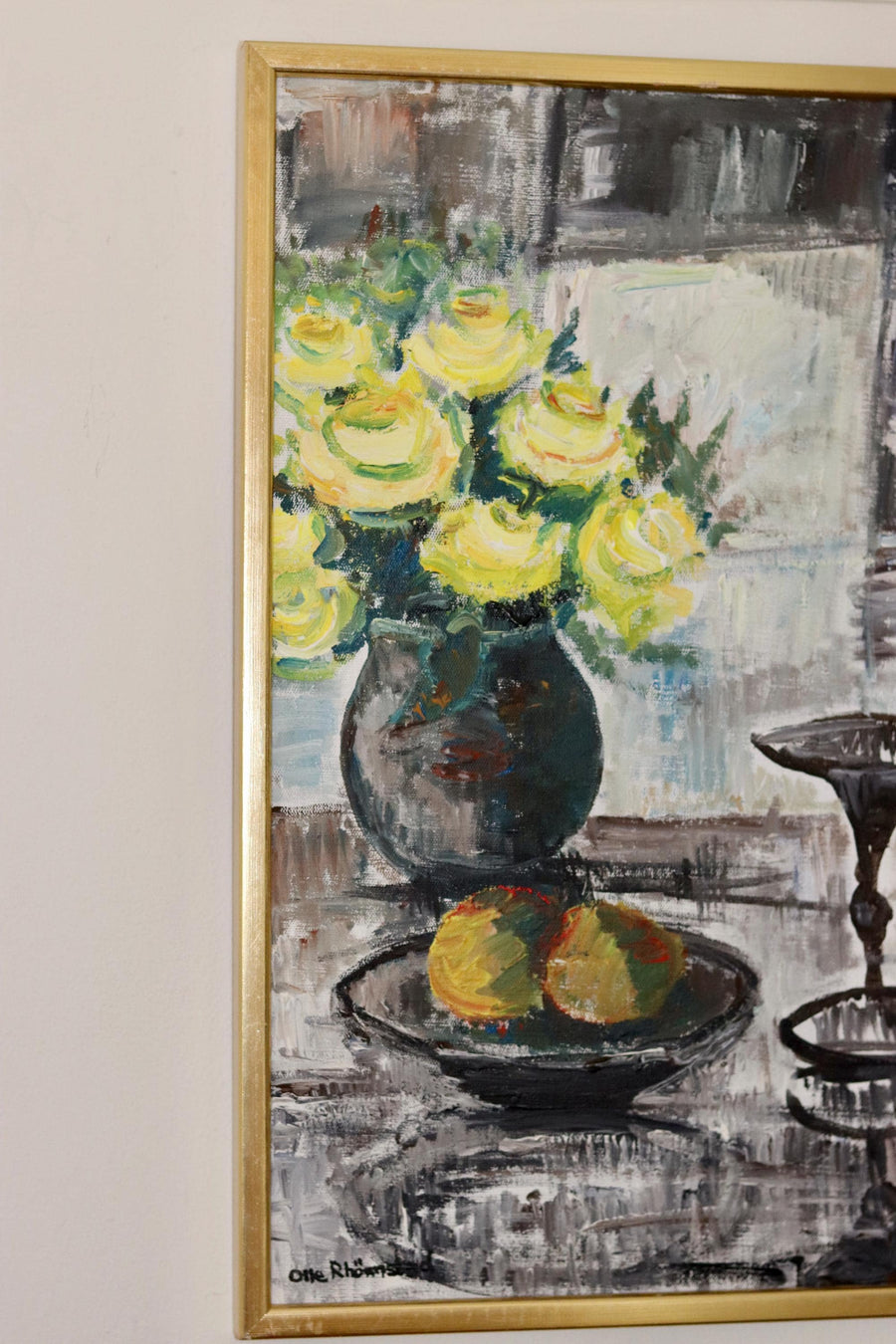 Swedish Mid-Century Oil On Canvas Painting" Still Life with Yellow Roses and Fruit " by Olle Rhönnstrand--Vintage & Framed Noah Ancienne