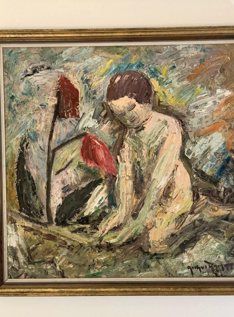 Swedish Mid-Century Oil On board Painting" Abstract Women and Flowers" -Vintage & Framed Noah Ancienne