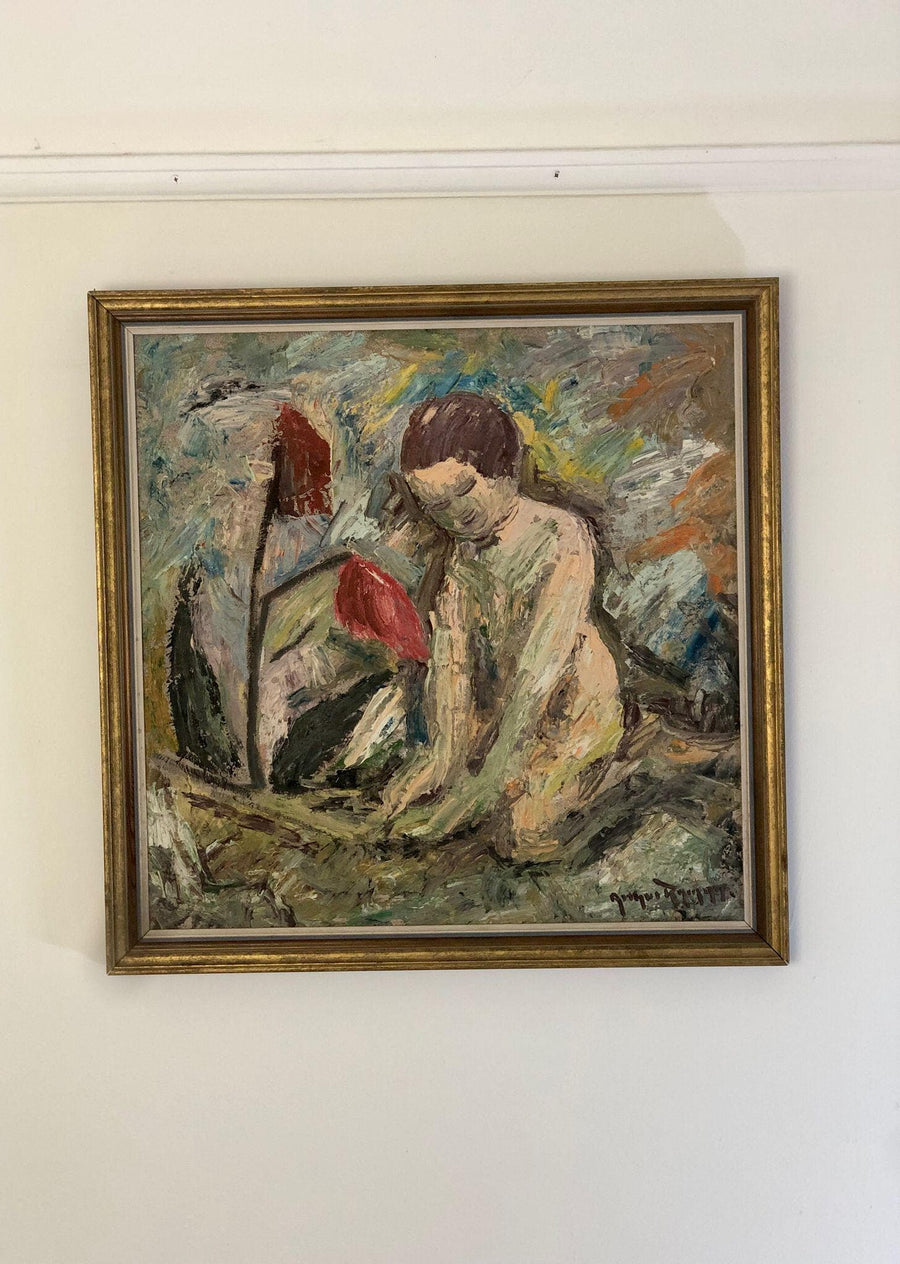 Swedish Mid-Century Oil On board Painting" Abstract Women and Flowers" -Vintage & Framed Noah Ancienne