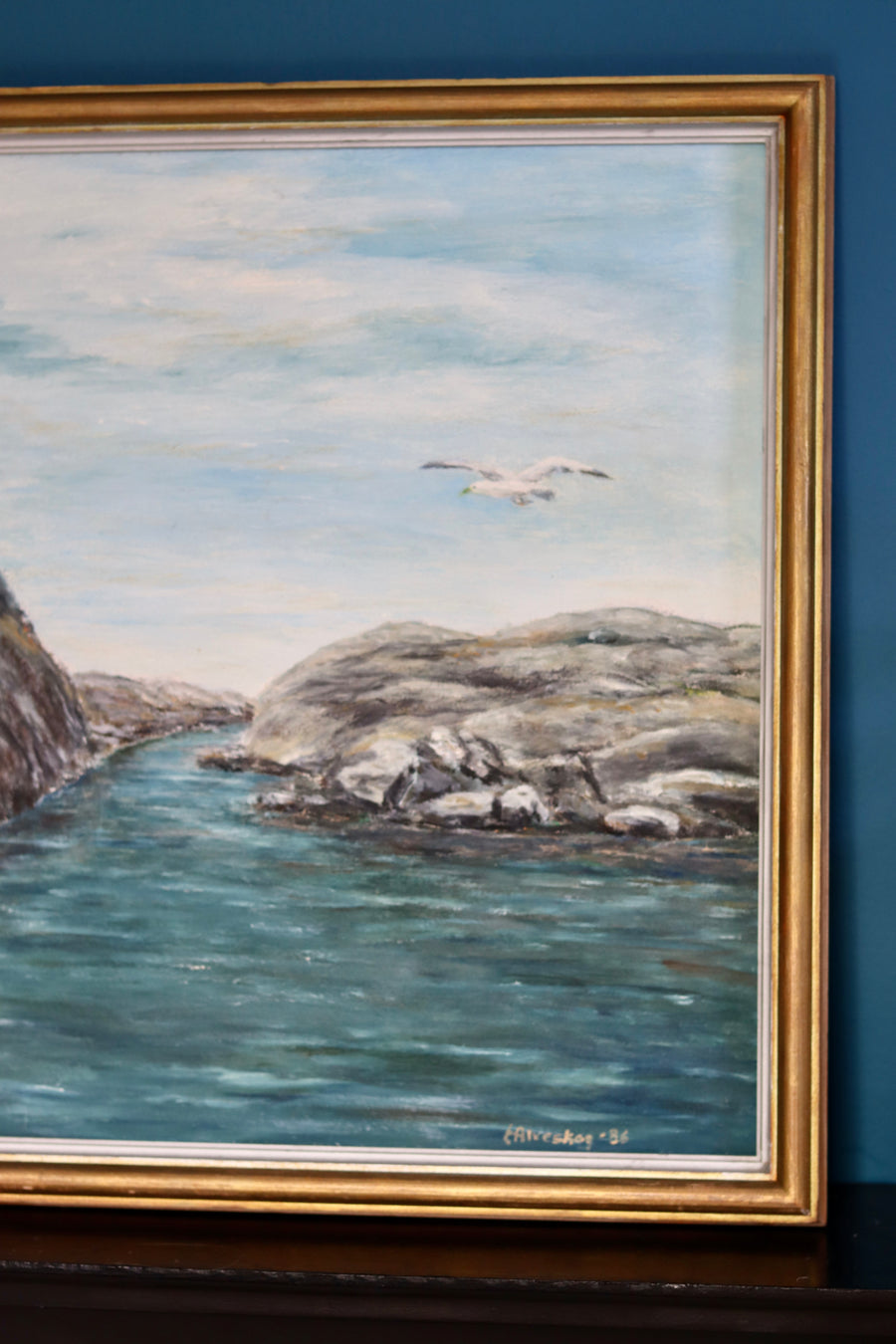 Swedish Mid-Century Oil on Panel" Seascape" by E Alveskog Noah Ancienne