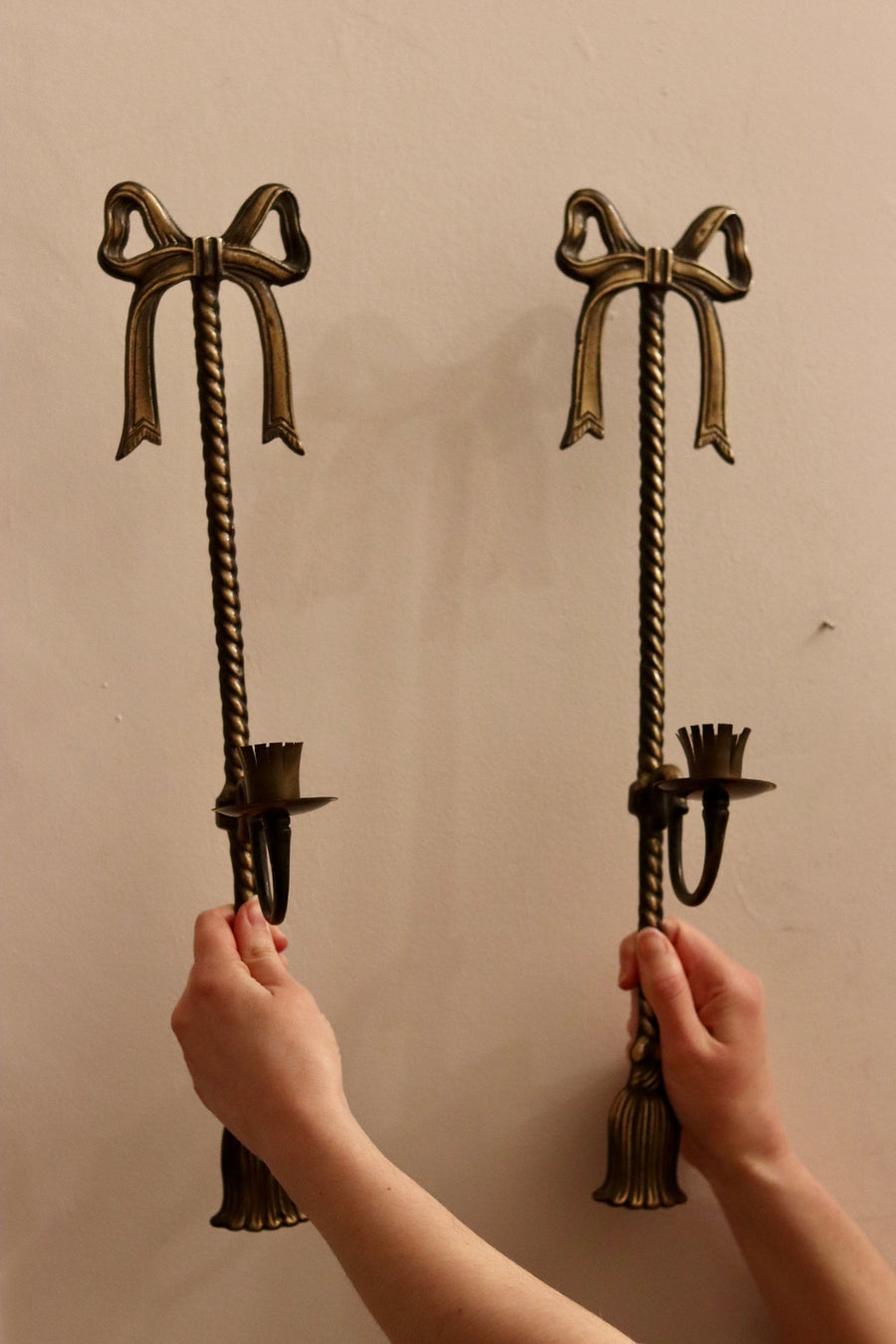 Vintage Large Pair of French Brass Bow Sconces Noah Ancienne