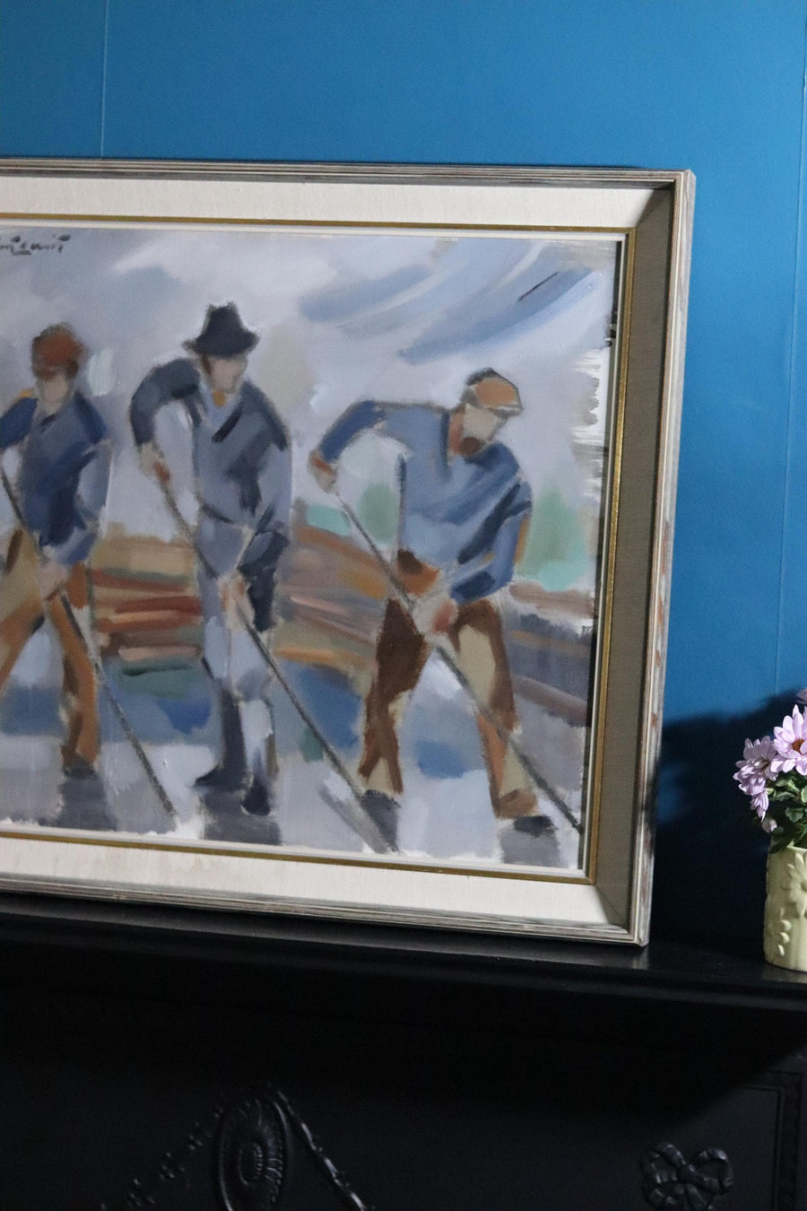 Swedish Mid-Century Oil On Canvas Painting "Workers in Motion" by Ivar Hjertquist (1907-1983) --Vintage & Framed