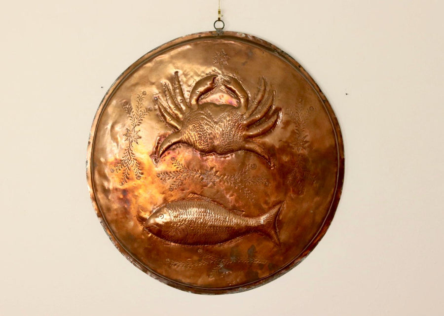 Antique Crab and Fish Plaque in Copper