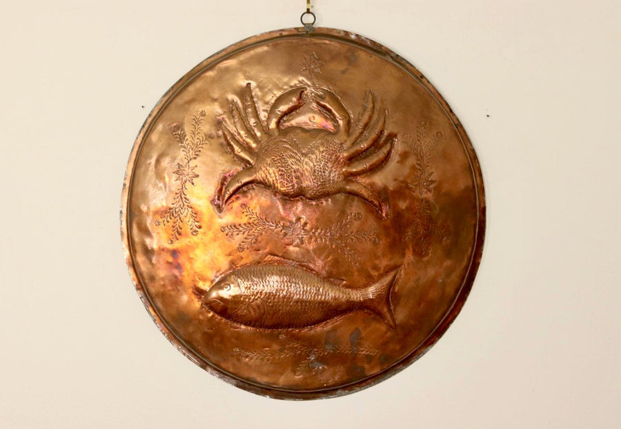 Antique Crab and Fish Plaque in Copper