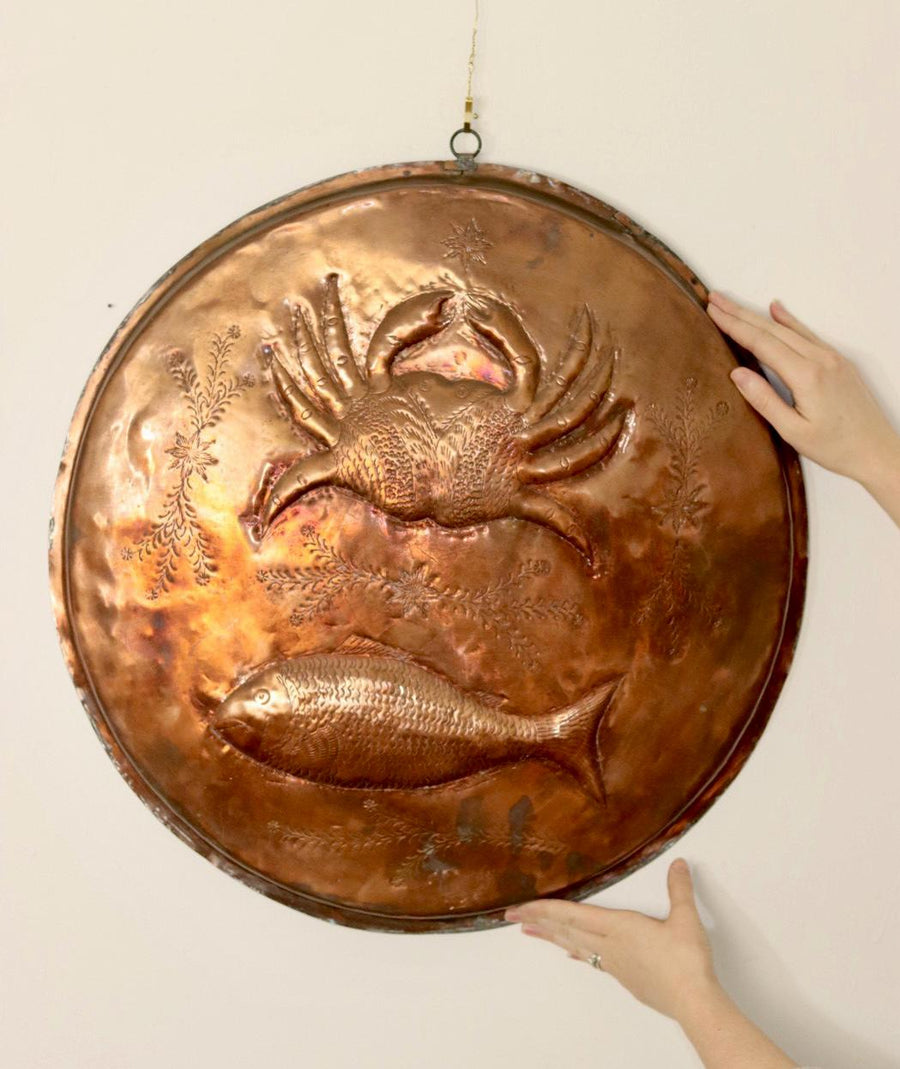 Antique Crab and Fish Plaque in Copper