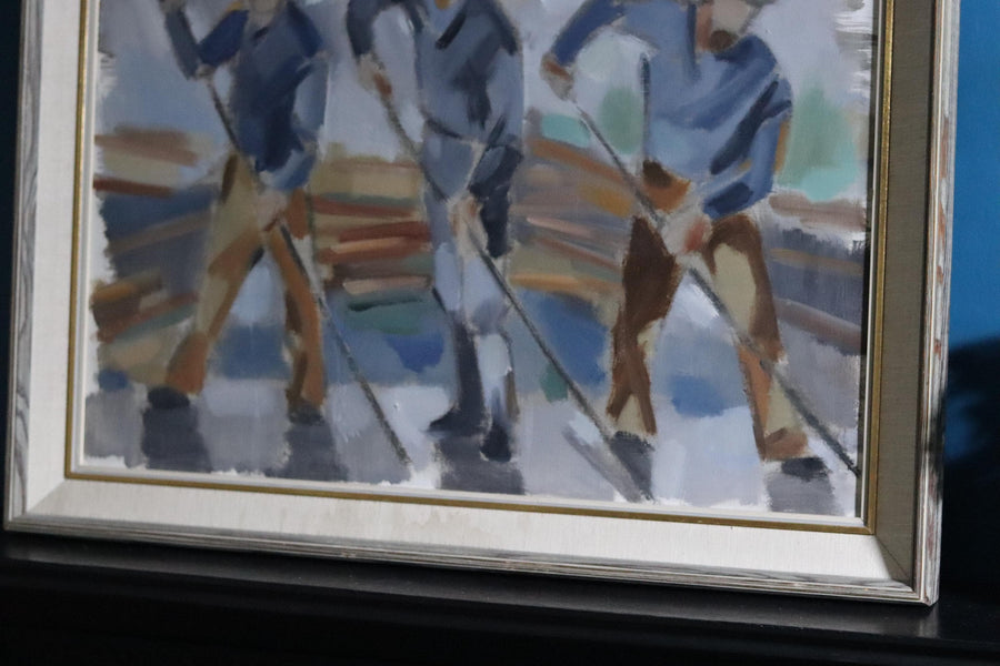 Swedish Mid-Century Oil On Canvas Painting "Workers in Motion" by Ivar Hjertquist (1907-1983) --Vintage & Framed