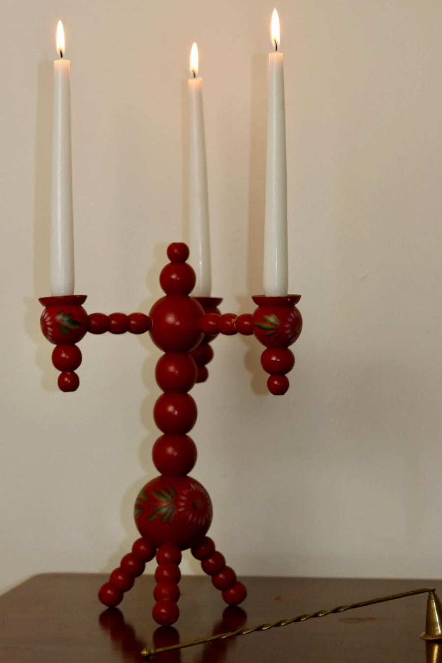 Three-Arm Swedish Bobbin Candelabra with Floral detailing