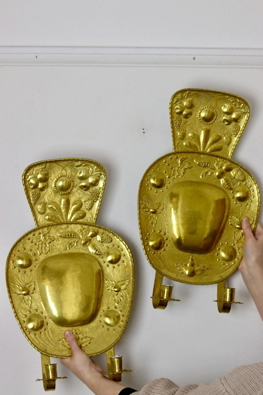 A Pair Large baroque Style Mid Century Swedish Brass Sconces