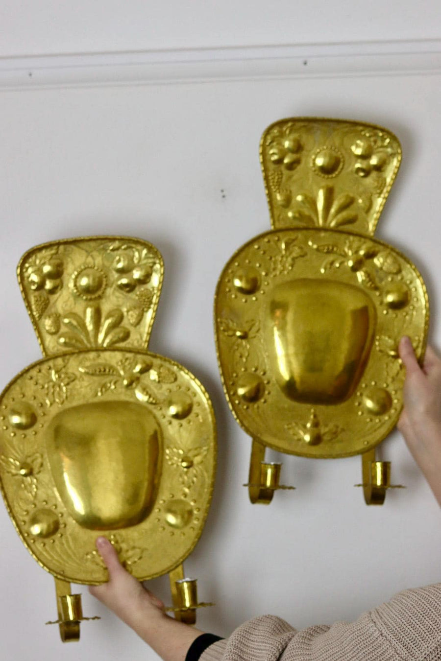 A Pair Large baroque Style Mid Century Swedish Brass Sconces