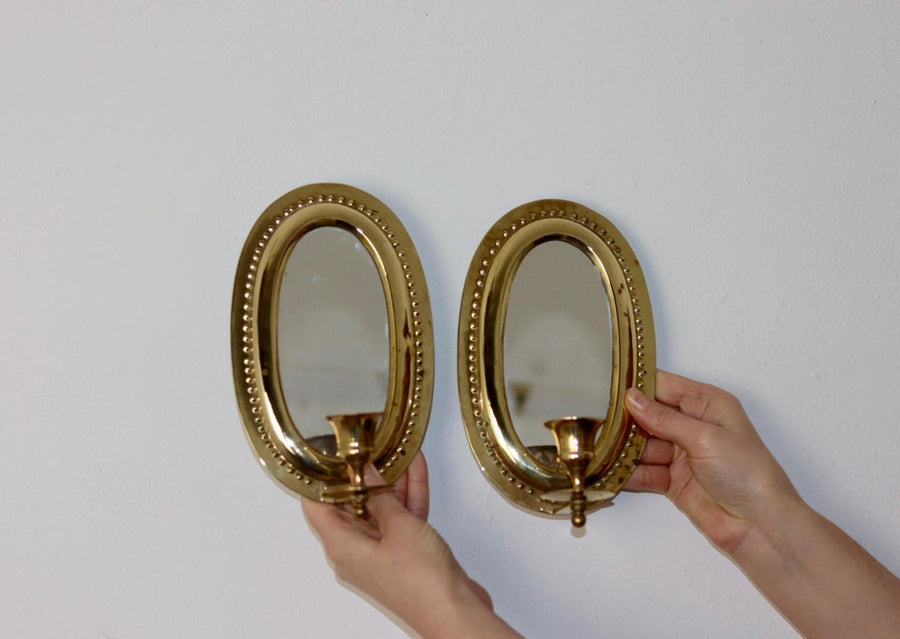 Pair of Mid Century Swedish Brass Sconces with Mirror