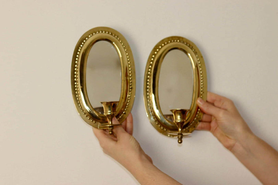 Pair of Mid Century Swedish Brass Sconces with Mirror