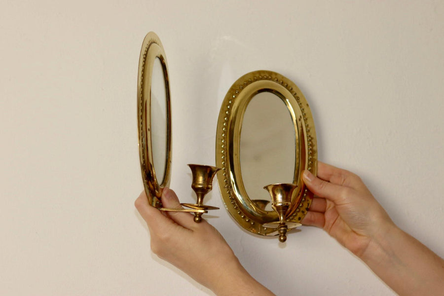 Pair of Mid Century Swedish Brass Sconces with Mirror