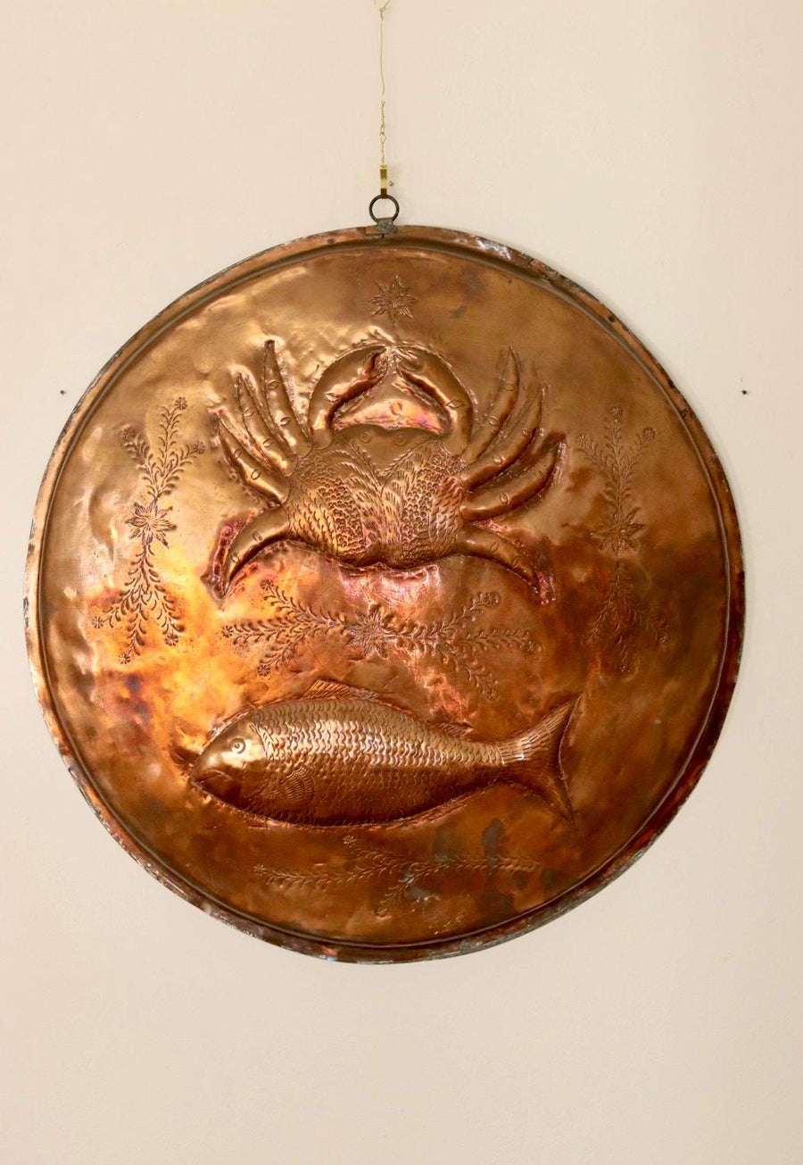 Antique Crab and Fish Plaque in Copper