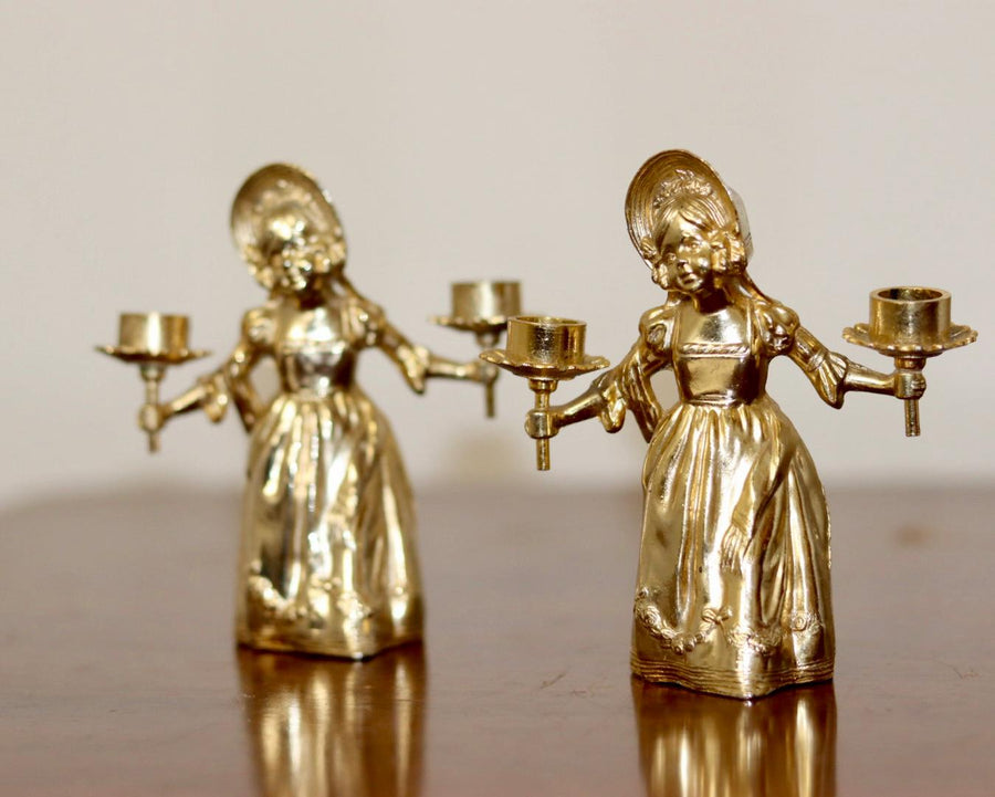 Pair of Vintage Swedish Brass Doll Candleholders