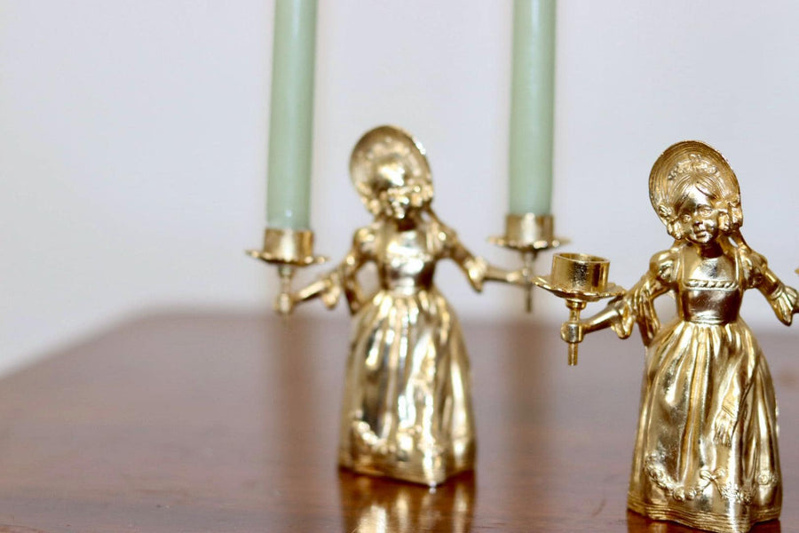 Pair of Vintage Swedish Brass Doll Candleholders