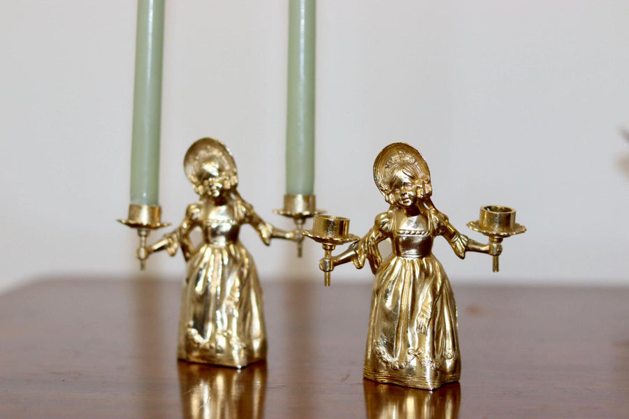 Pair of Vintage Swedish Brass Doll Candleholders