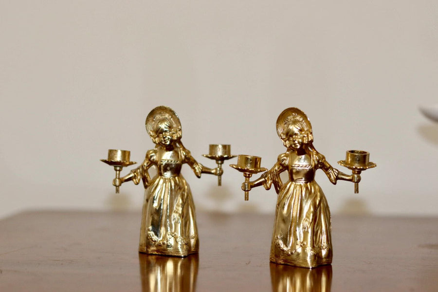 Pair of Vintage Swedish Brass Doll Candleholders