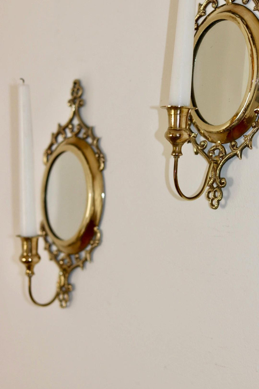 Pair of Mid Century Swedish Brass Sconces with Mirror