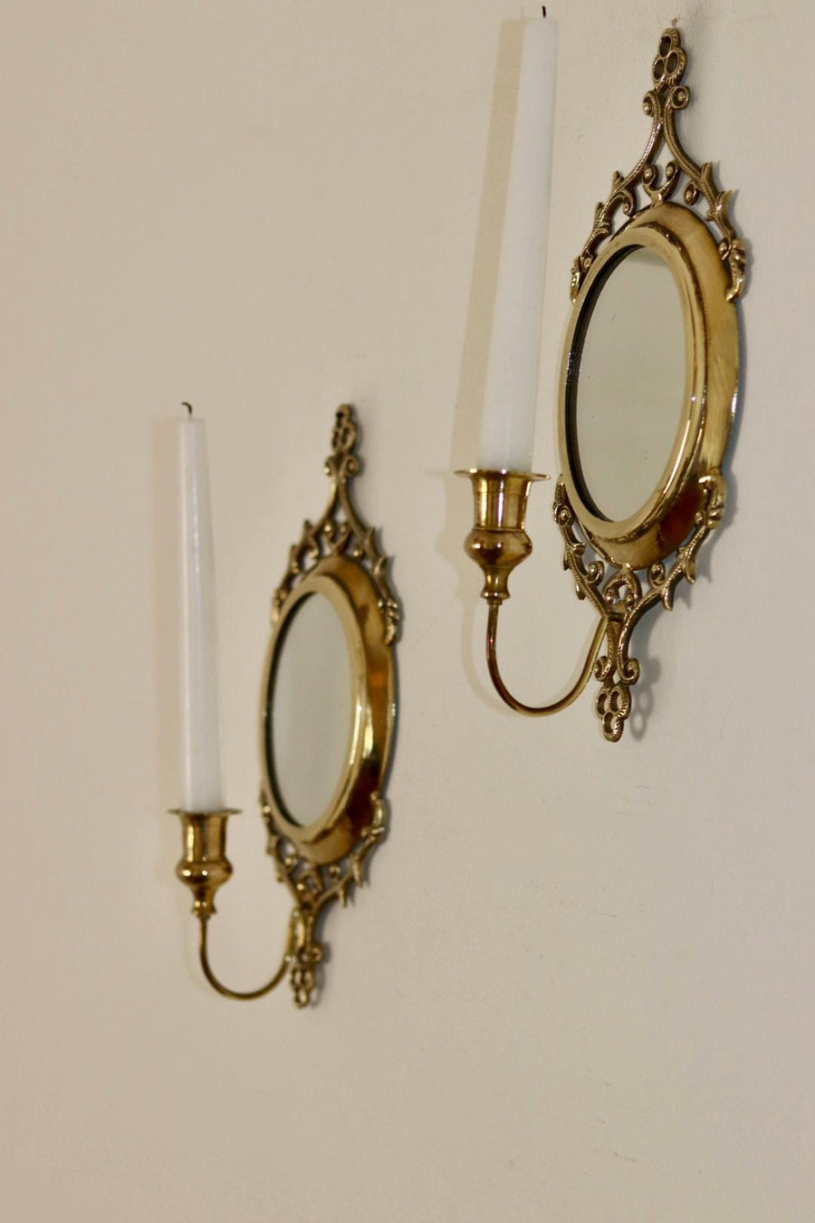 Pair of Mid Century Swedish Brass Sconces with Mirror