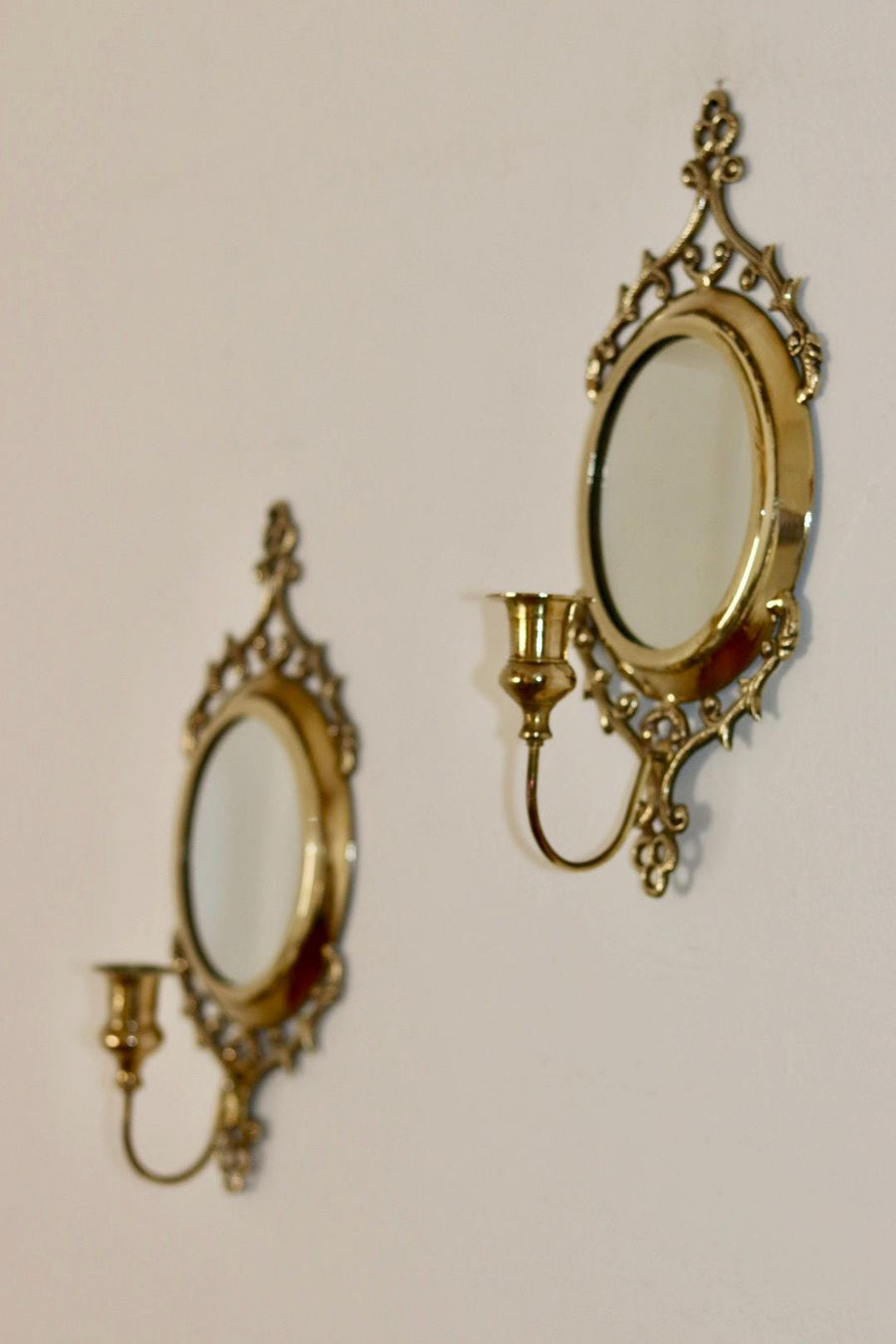 Pair of Mid Century Swedish Brass Sconces with Mirror