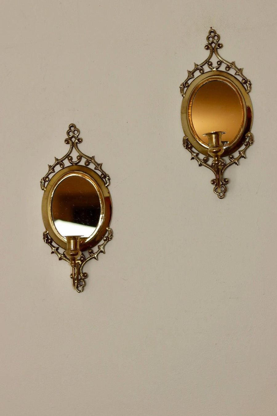 Pair of Mid Century Swedish Brass Sconces with Mirror