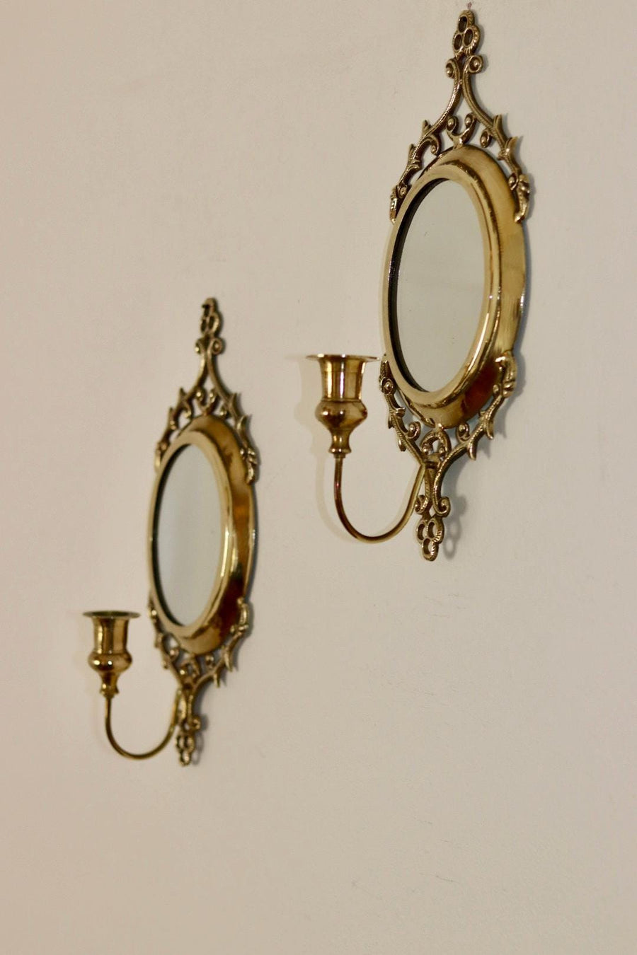 Pair of Mid Century Swedish Brass Sconces with Mirror