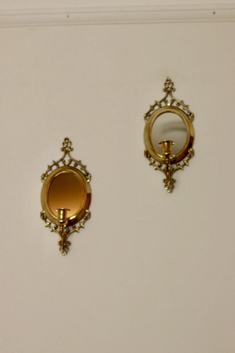 Pair of Mid Century Swedish Brass Sconces with Mirror